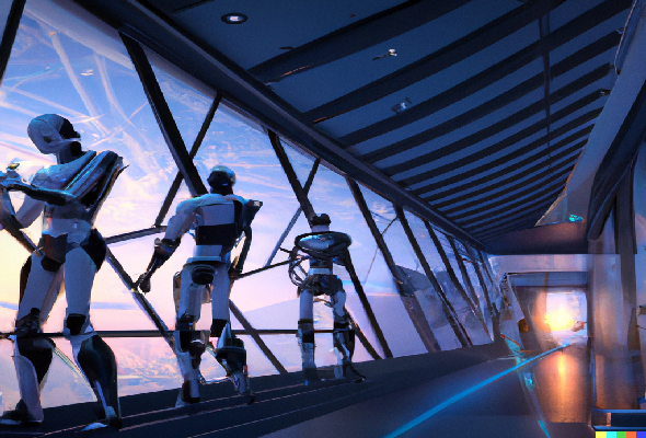 credit_DALL·E 2023-07-06 16.24.46 - internal view of highly futuristic office with androids at dawn